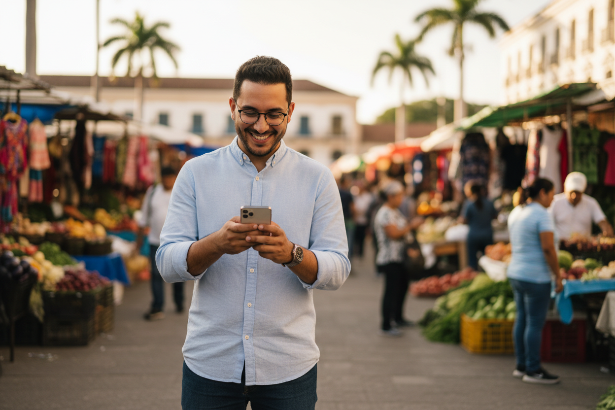 UNA PERSONA DE COLOMBIA COMPRANDO DESDE SU CELULAR SONRIENDO